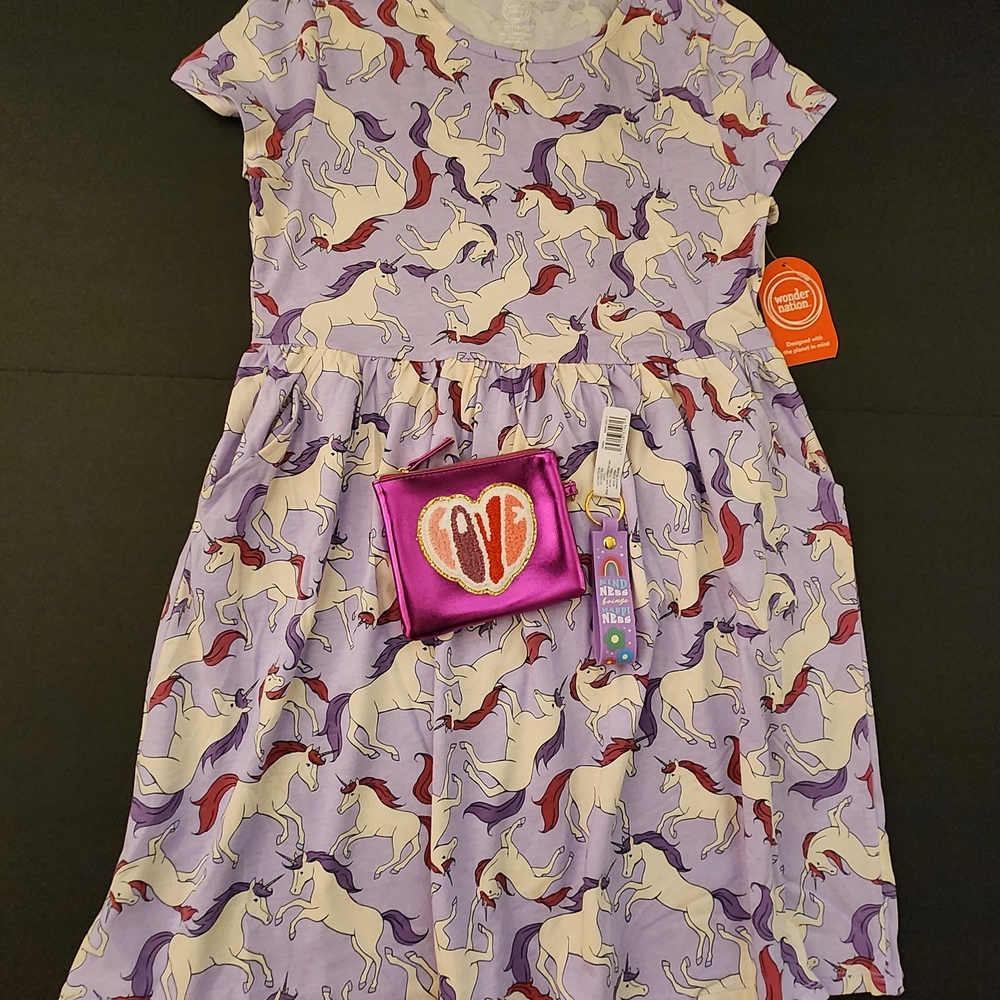 NWT Wonder Nation Casual Purple Unicorn Dress, Girls XL, Mini Purse, Key Chain